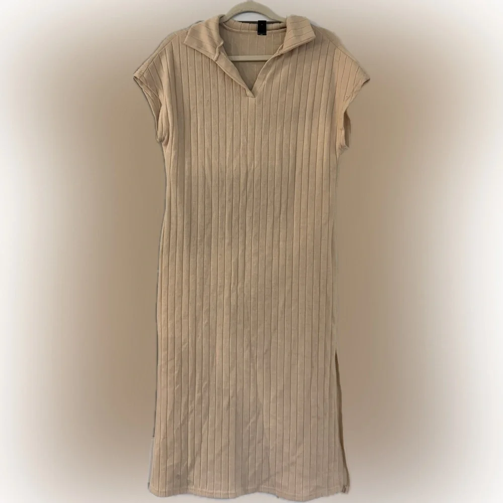 Beige Cream Ribbed Midi Dress - Picture 15 of 15